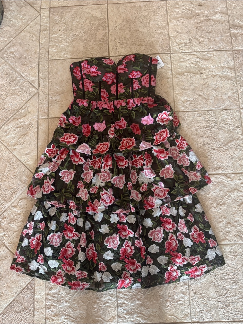 Strapless Black Floral Tiered Party Dress with Pink & White Blooms